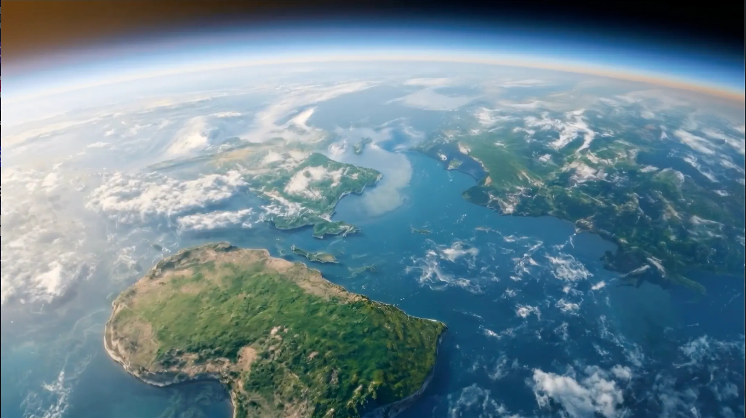 Satellite view of Earth showing land, water, clouds, and a fading horizon into space.