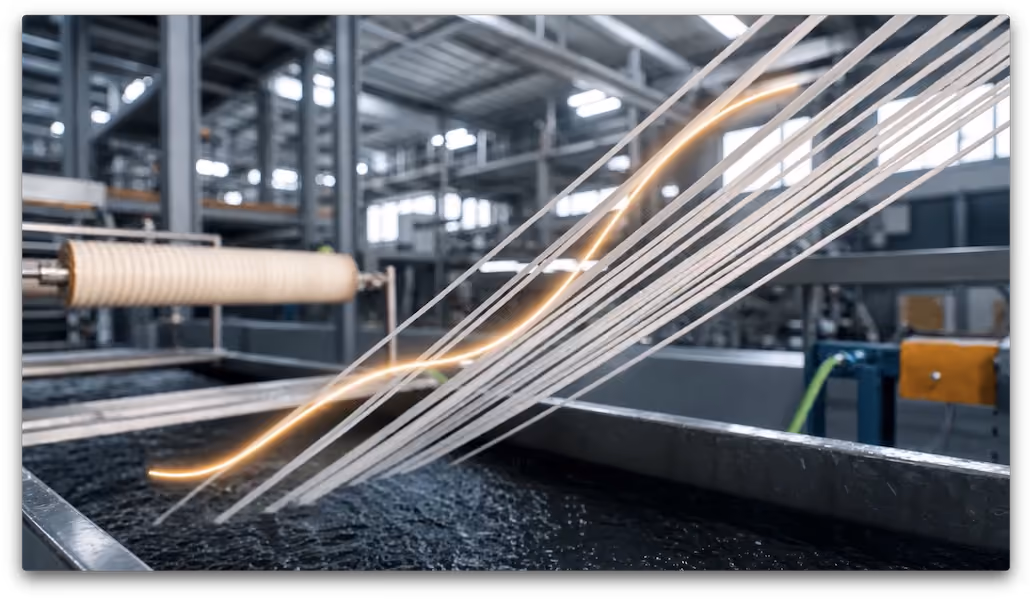 Close-up of fabric threads stretched over an industrial machine in a textile manufacturing facility.