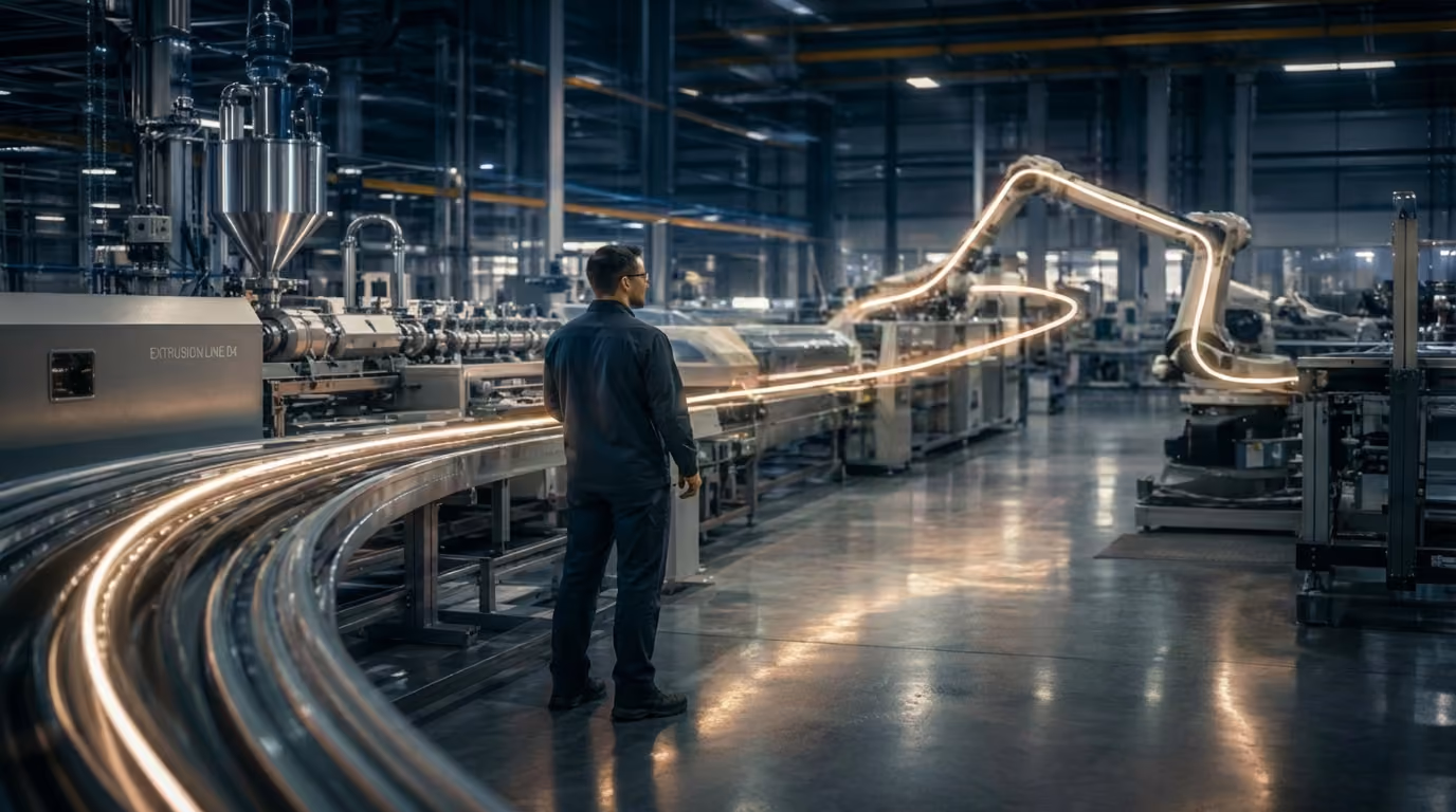 Man in dark clothing standing by a glowing conveyor belt in a high-tech manufacturing factory.