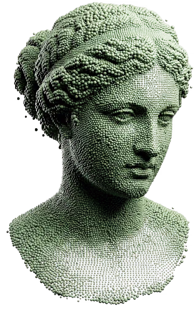 Green classical-style bust sculpture made of numerous small spherical beads.