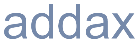Addax marka logosu, mavi renkte sade yazı tipiyle.