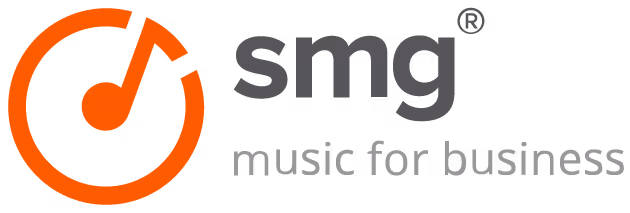 Turuncu nota ve çember simgesi ile birlikte smg ticari müzik logosu.