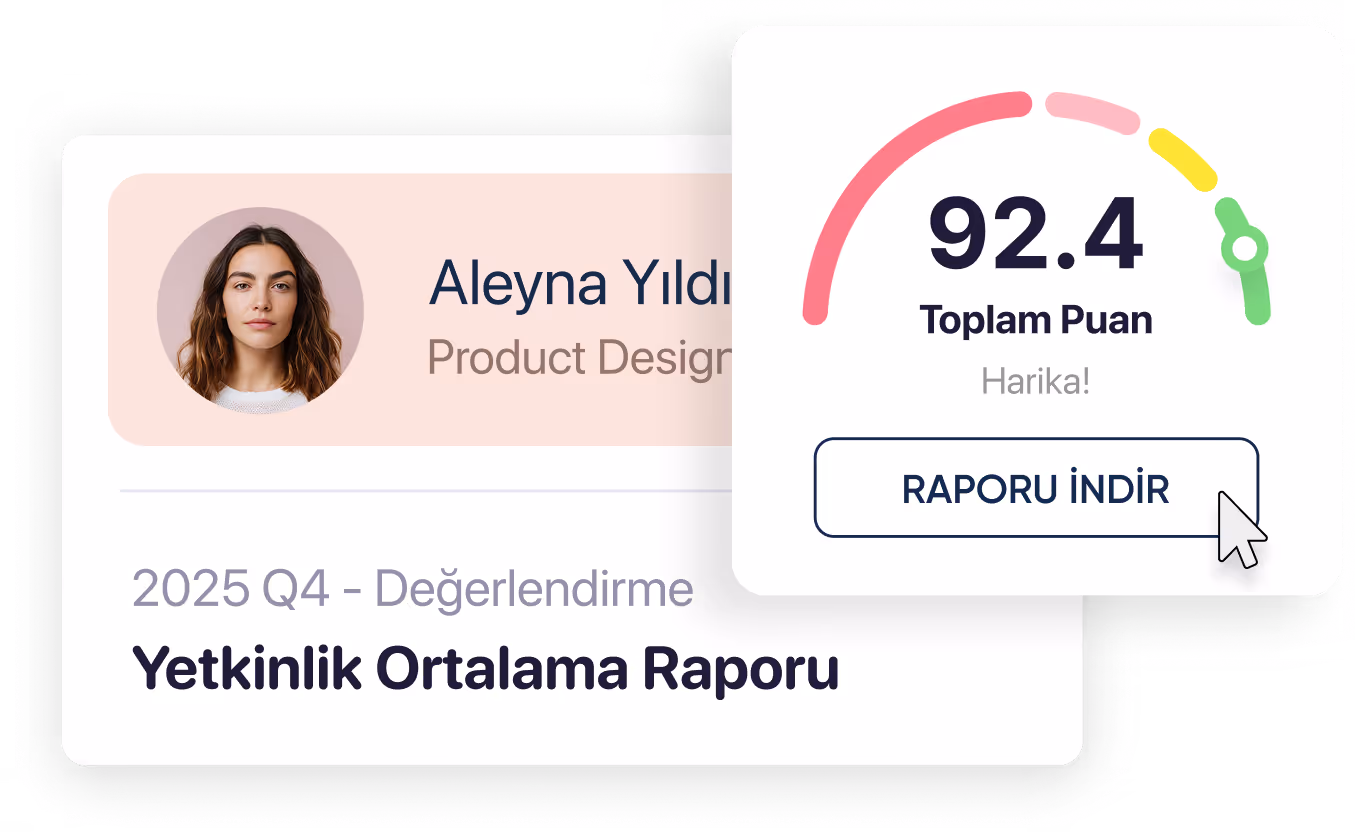 Aleyna Yıldız adlı ürün tasarımcısının 2025 Q4 Değerlendirme Yetkinlik Ortalama Raporu, toplam puanı 92.4, harika olarak gösteriliyor ve raporu indir düğmesi bulunuyor.