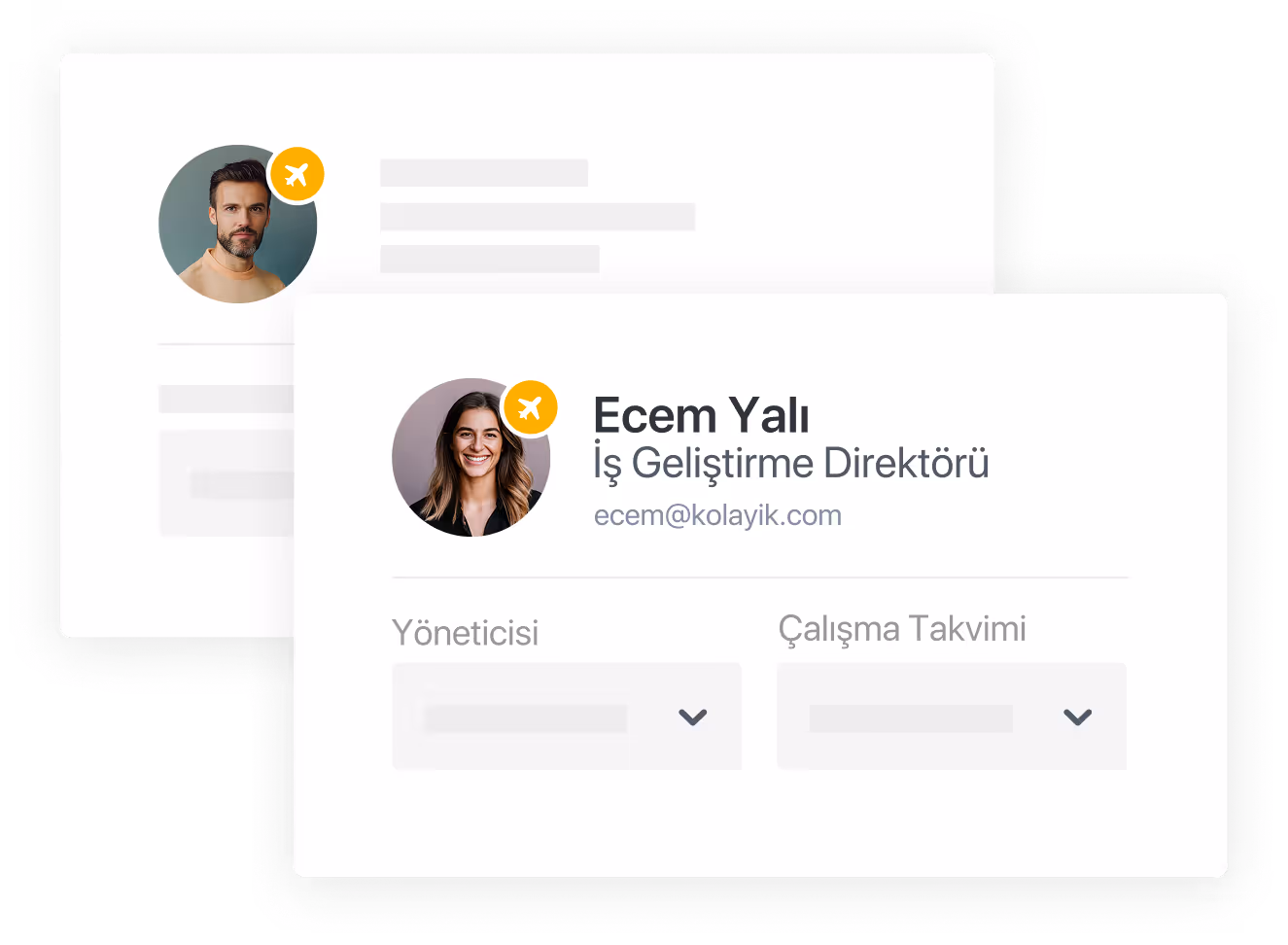 İş Geliştirme Direktörü Ecem Yalı'nın profil fotoğrafı, e-posta adresi ve yönetici ile çalışma takvimi alanları.