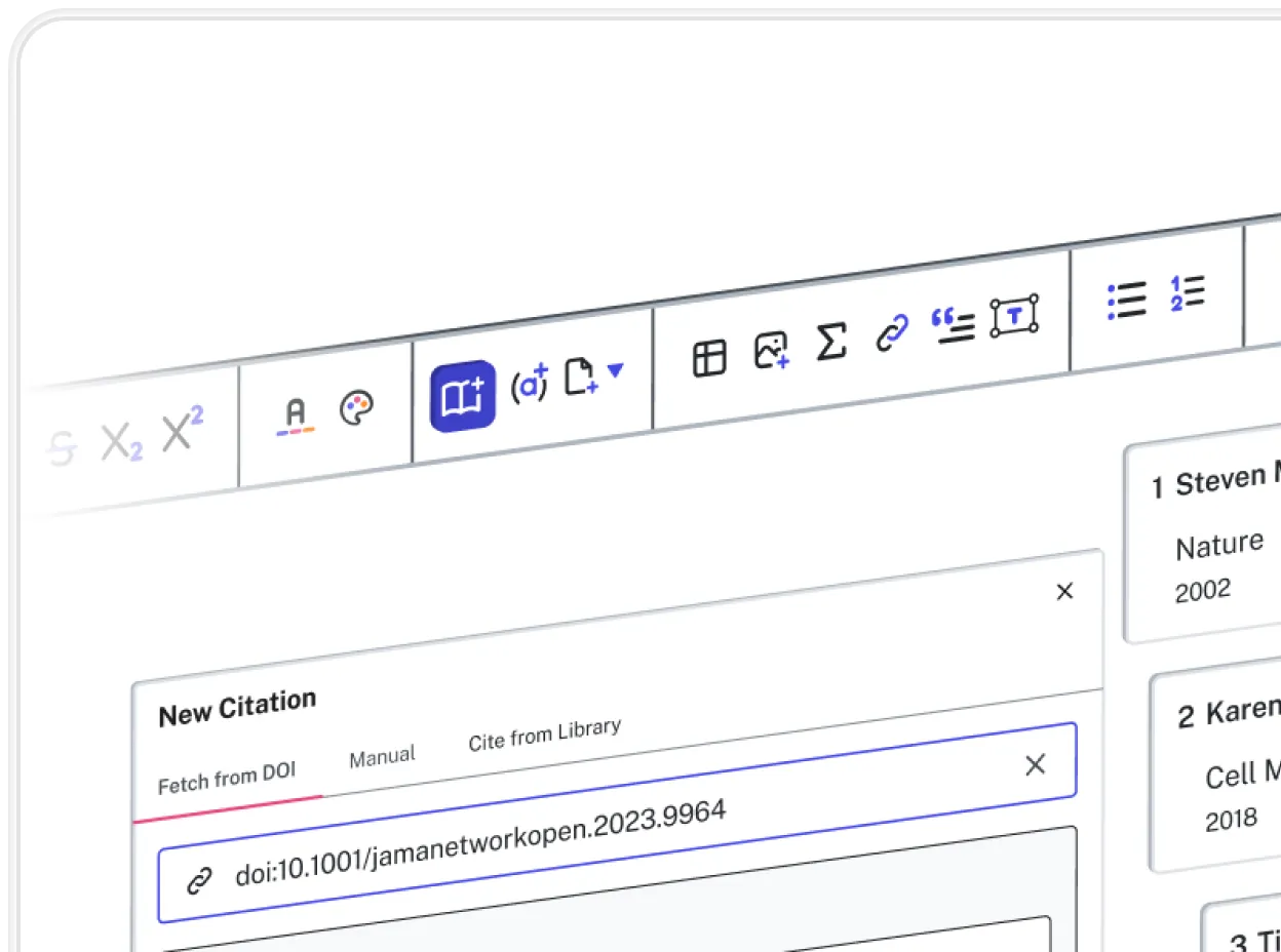 Interface showing a citation tool with a DOI input field and toolbar icons for text and citation formatting.