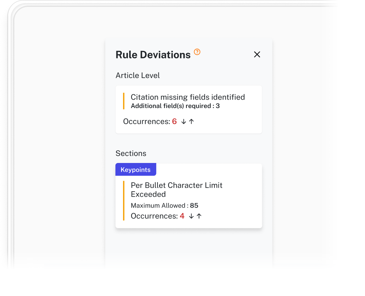Rule Deviations report showing citation missing fields and bullet character limit exceeded with occurrences counts.