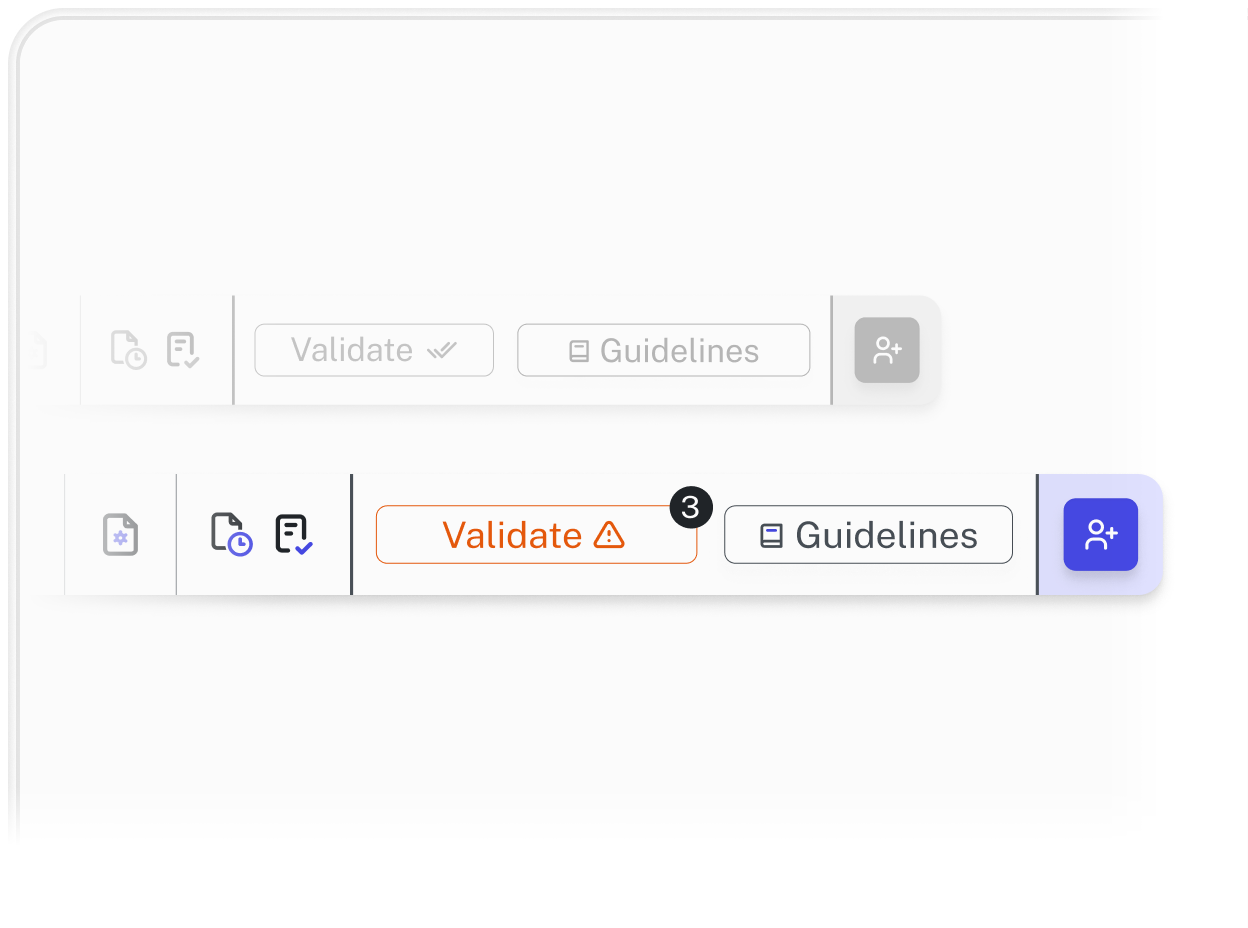 Toolbar with icons and buttons: Validate (with warning and count 3), Guidelines, and a blue user add icon.