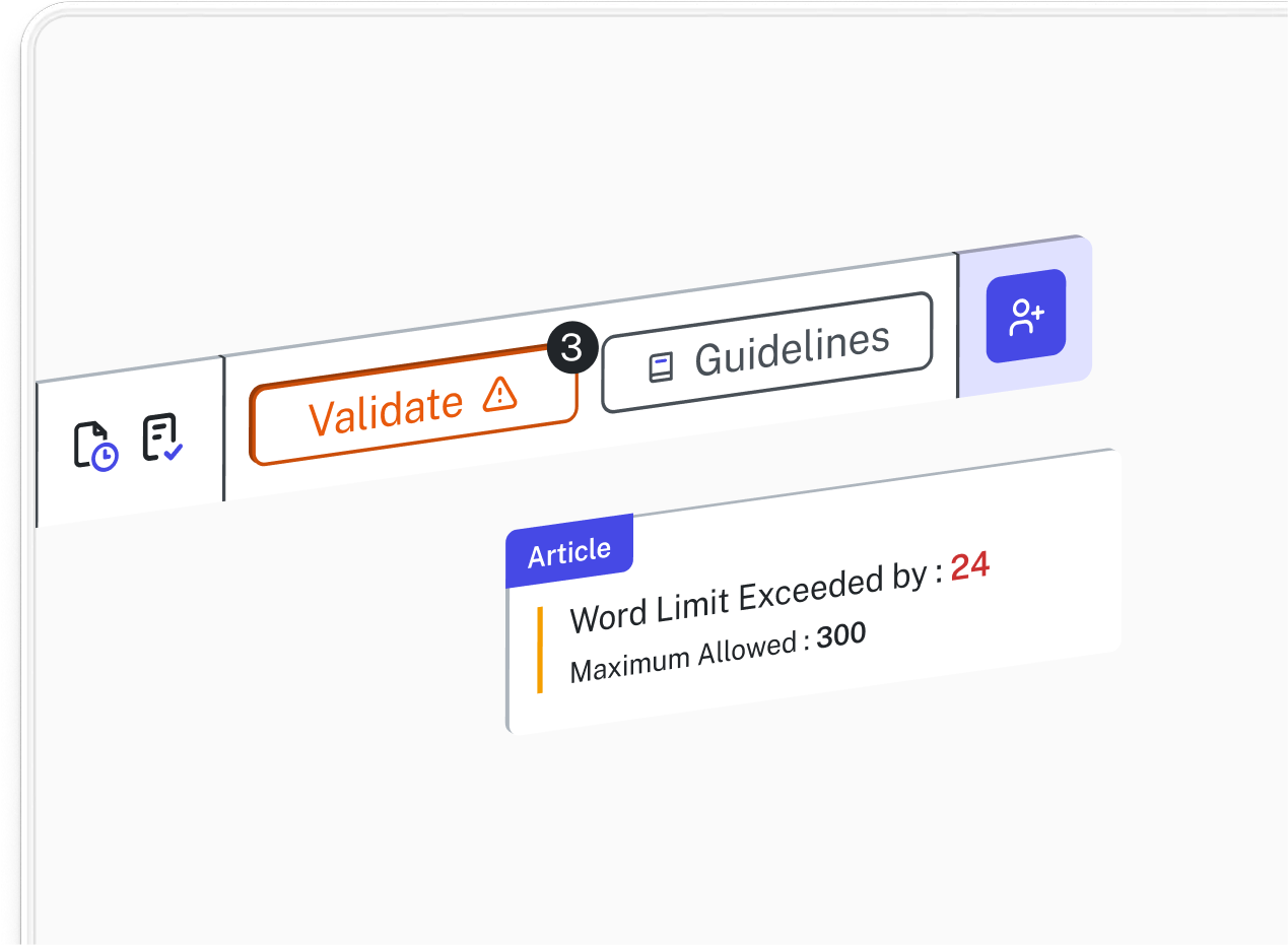 Interface showing 'Validate' warning with 3 issues and an article exceeding word limit by 24 of 300 allowed.