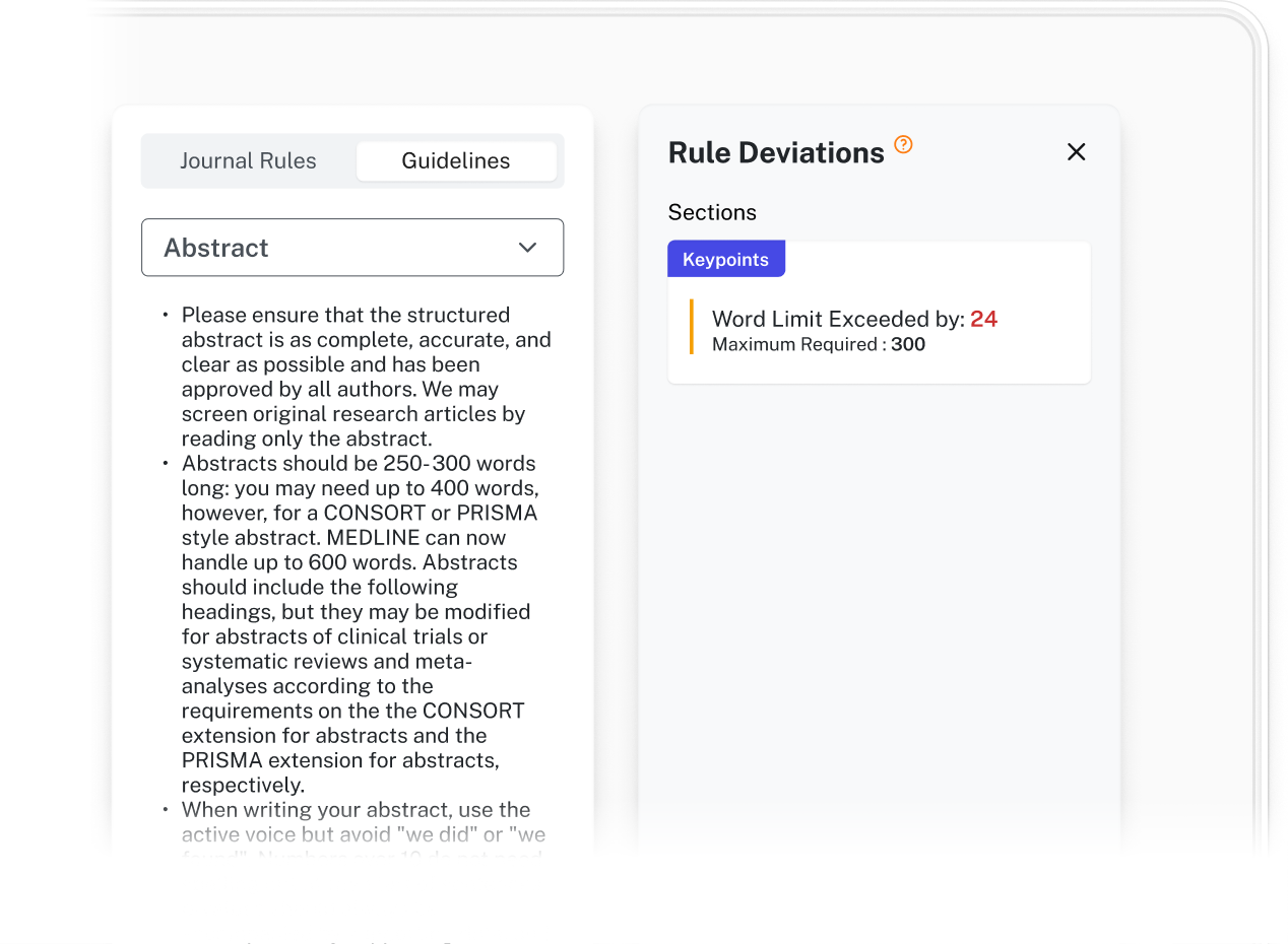 Interface showing abstract guidelines and a rule deviation warning for exceeding word limit by 24 words.