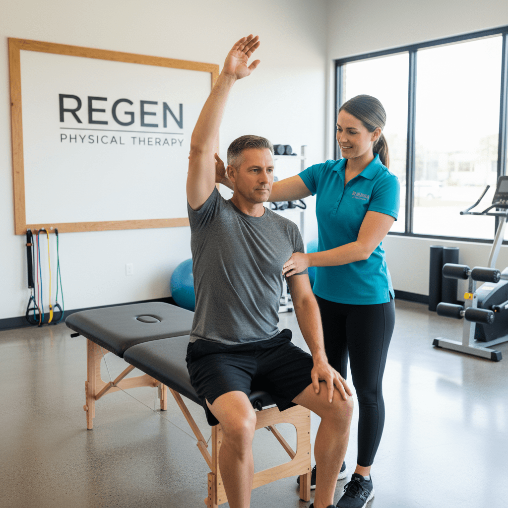 Physical therapist in Hackensack providing personalized shoulder pain treatment to active adult patient during one-on-one therapy session