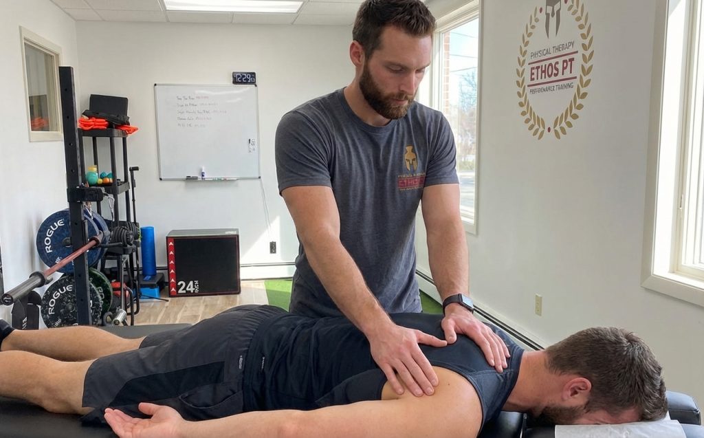 Patient working with a provider at a performance physical therapy clinic in Hackensack