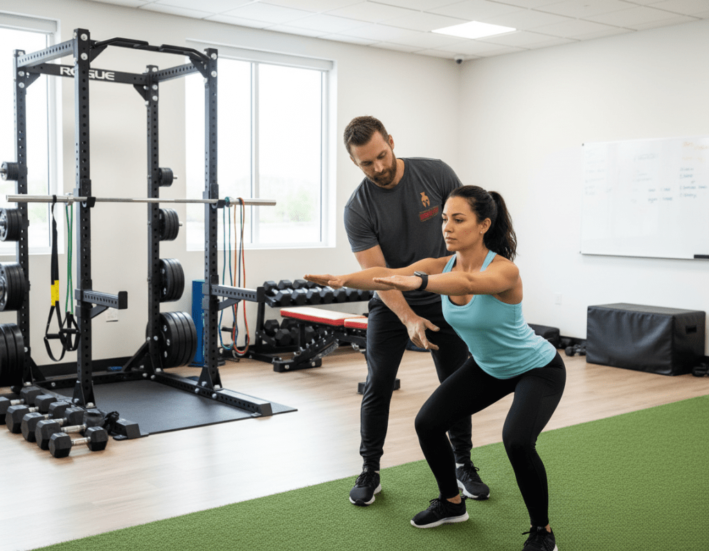Physical therapist in Hackensack performing functional movement assessment for performance physical therapy with active adult patient