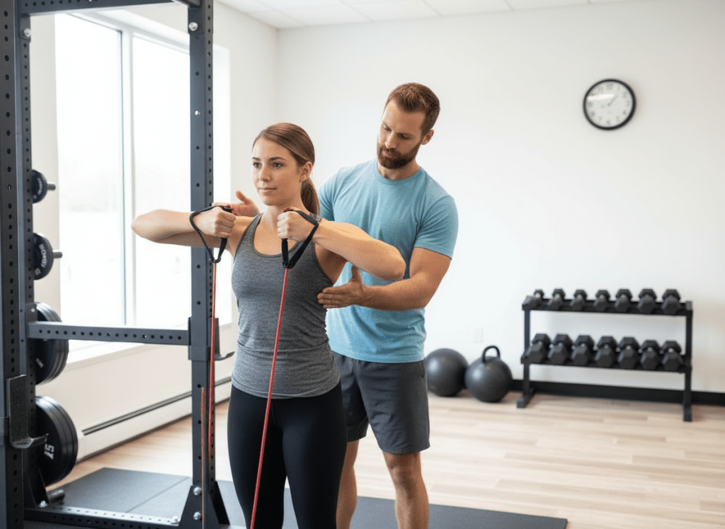 Performance PT corrective exercises in Hackensack NJ with physical therapist guiding active adult through shoulder rehabilitation