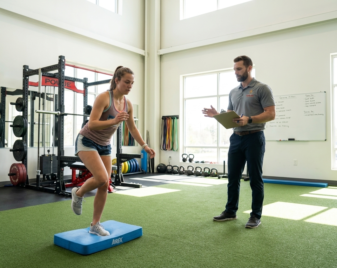 atient working with a provider at a sports physical therapy clinic in Hackensack, NJ performing a single-leg balance exercise during a return-to-sport session