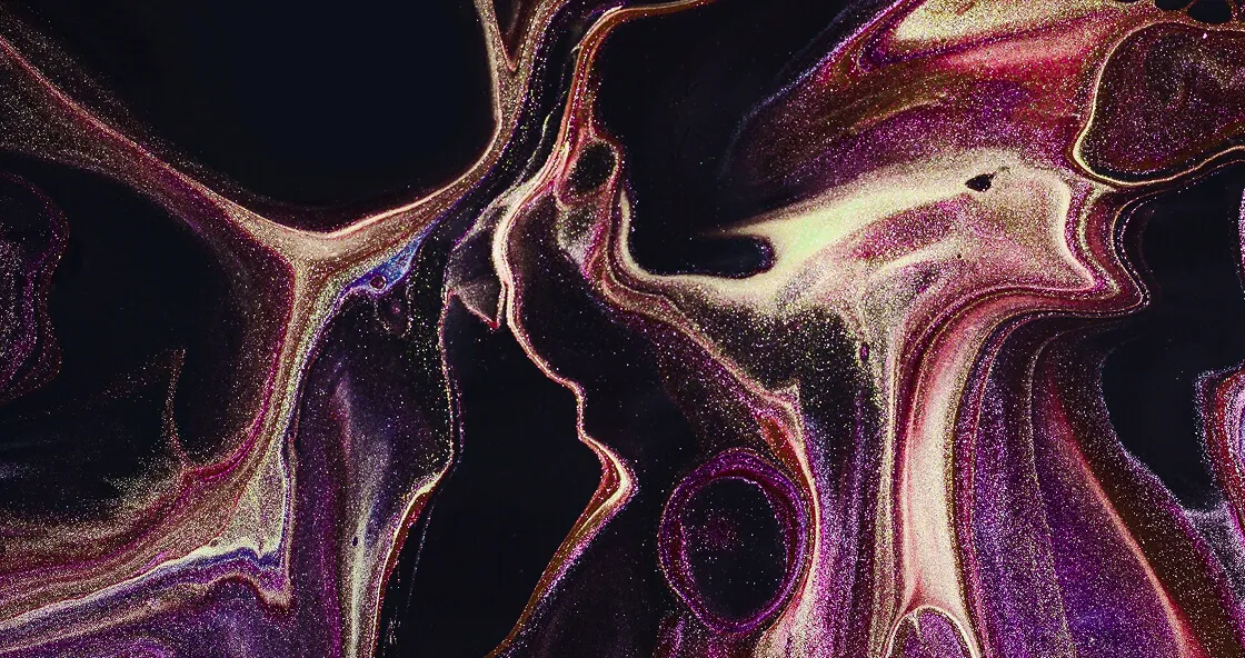 Abstract fluid art with swirling patterns in dark purple, gold, and black tones.