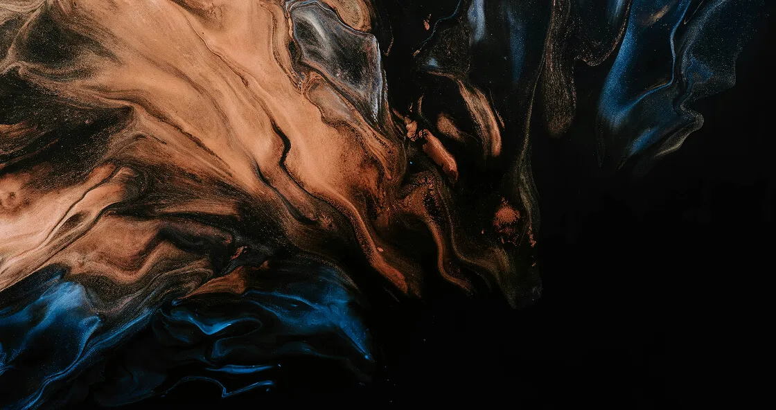 Abstract fluid art with swirling metallic bronze and blue hues on a black background.