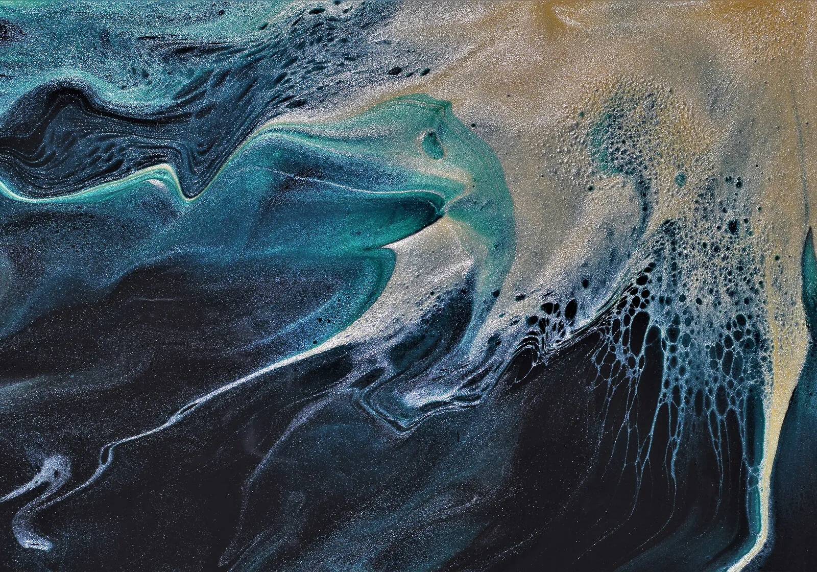 Abstract fluid art with swirling teal, gold, black, and white colors blending and forming bubble-like patterns.