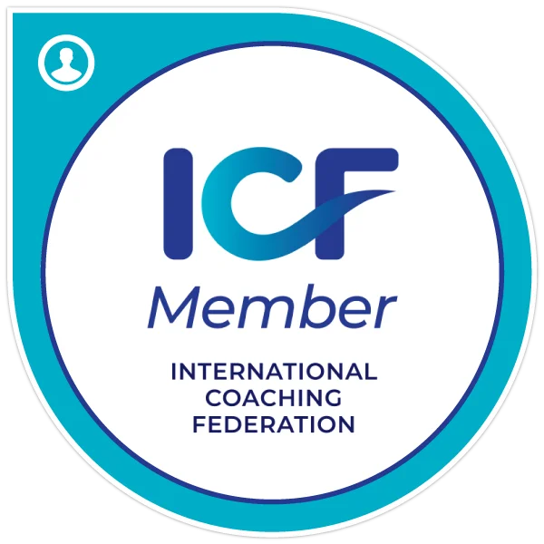 ICF Member badge with International Coaching Federation text inside a blue circular border.