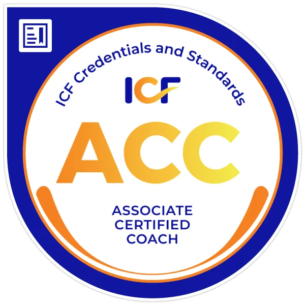 Badge for ICF ACC credential, Associate Certified Coach with blue and orange design.