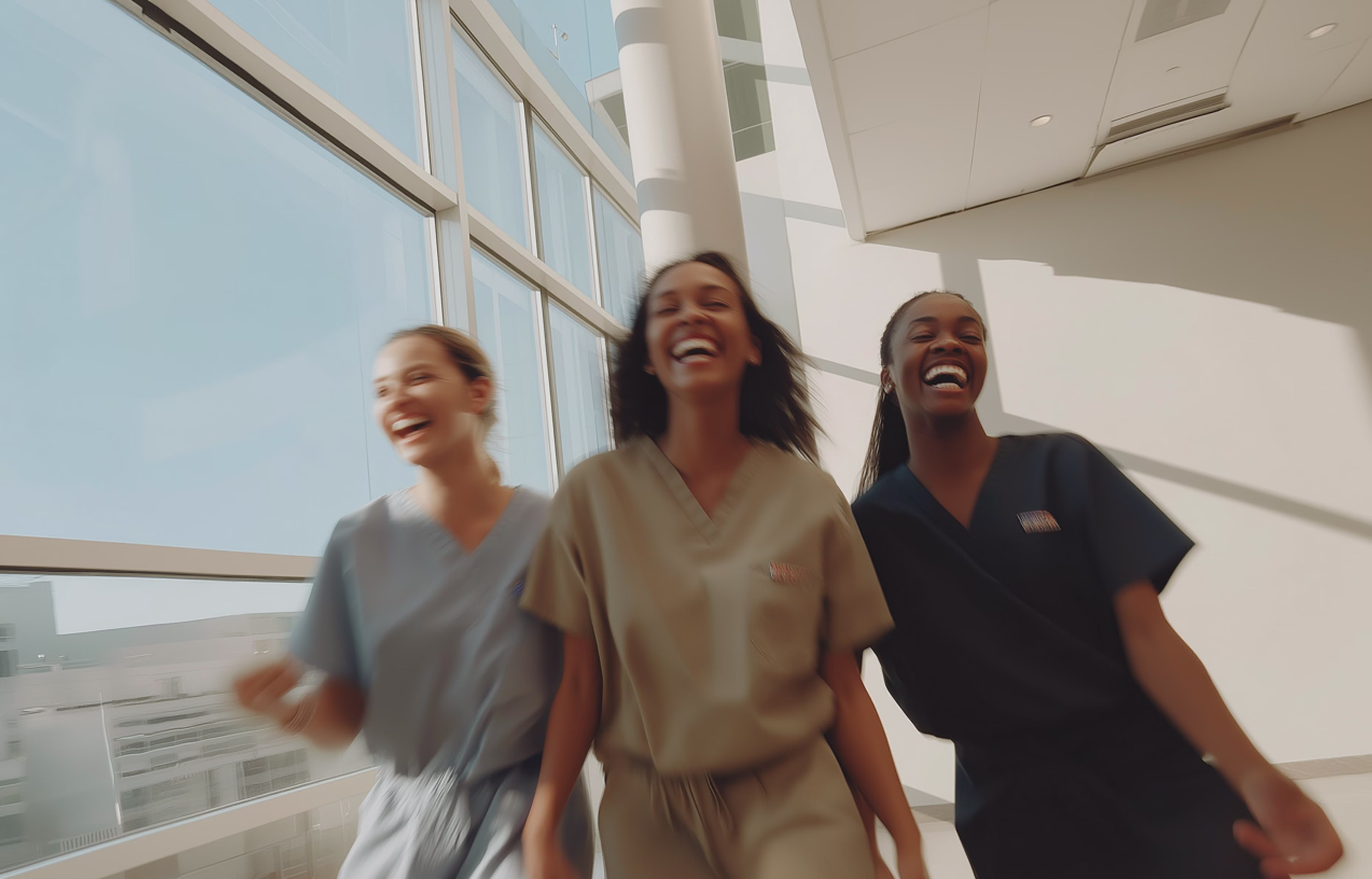 Three healthcare workers in scrubs laughing and walking in a bright hospital corridor.