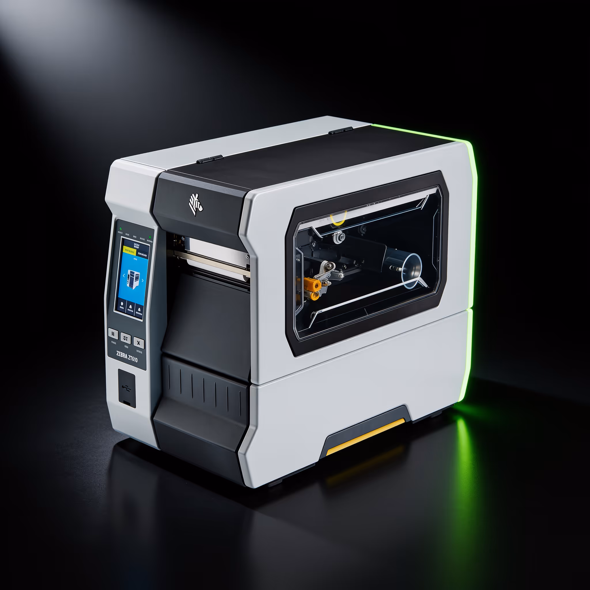 Zebra industrial label printer lit with green rim light on black