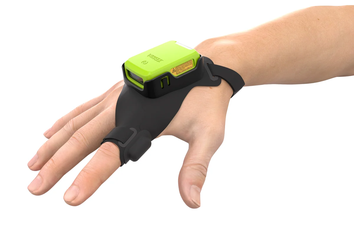 Zebra RS2100 wearable scanner worn on the back of the hand