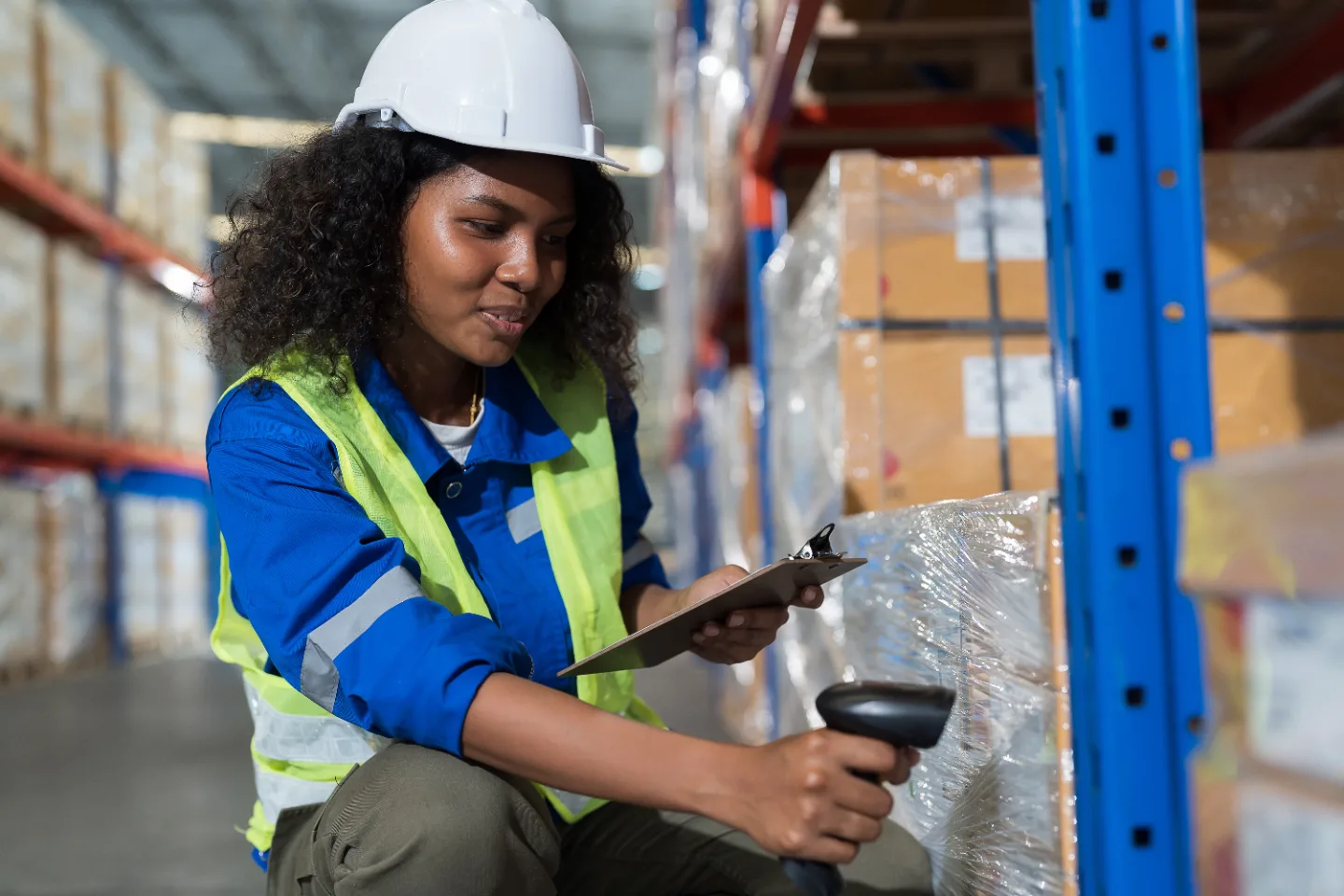 A warehouse worker scanning a barcode with a handheld reader beside pallet racking in a distribution centre.