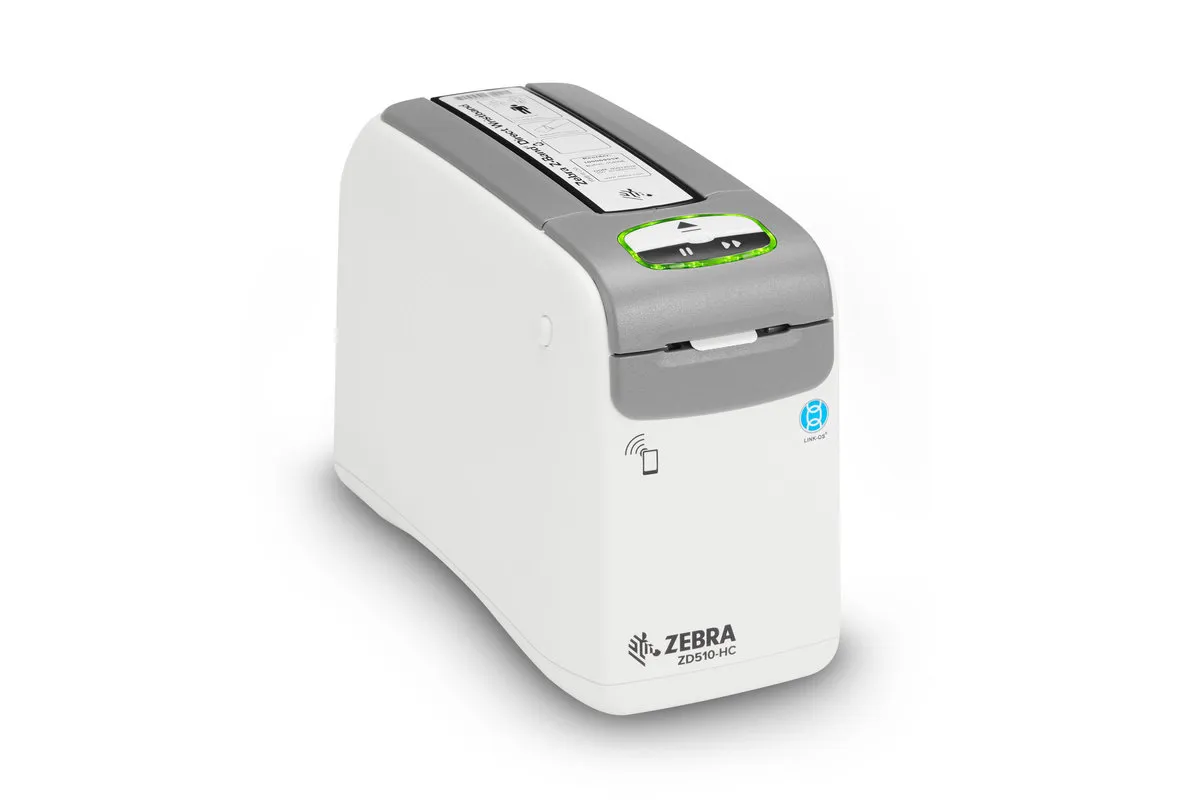 Zebra ZD510-HC cartridge loaded wristband printer, front left facing