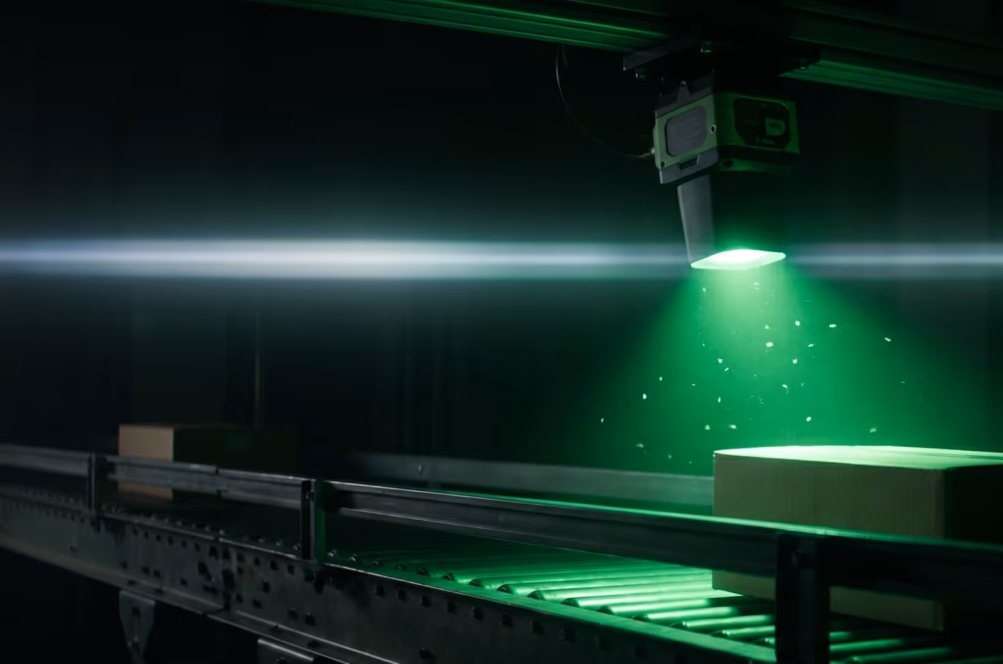 Zebra fixed industrial scanner mounted above a moving production line