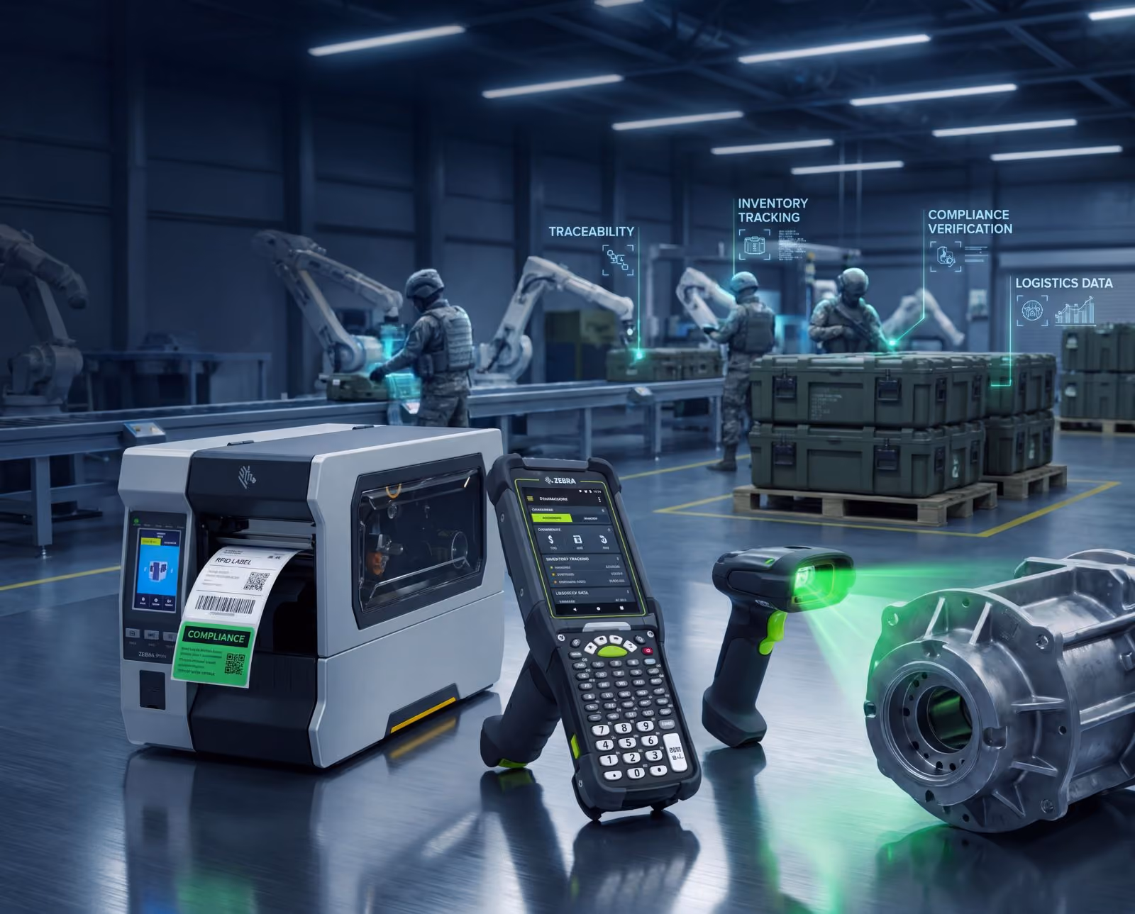 Zebra printer, scanner and mobile computer in a defence manufacturing setting