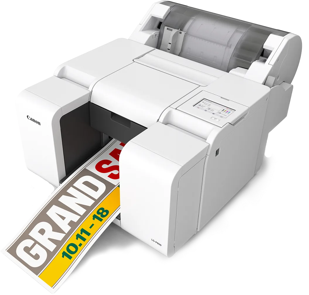 Canon LG-P800 pigment-based inkjet label printer, shown at an angle printing a colour label