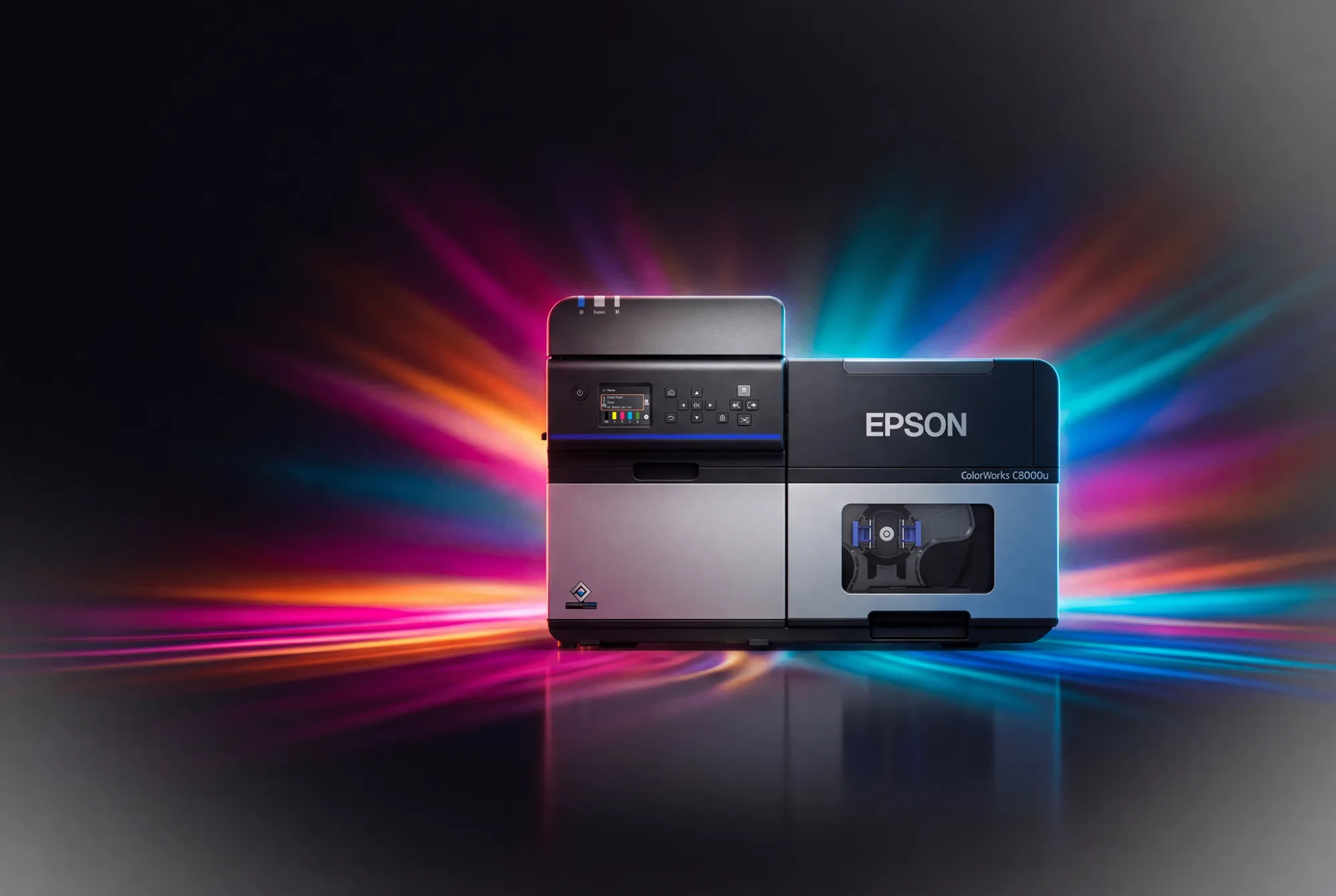 Imprimante Epson ColorWorks C8000 avec une explosion de couleur en arrière-plan