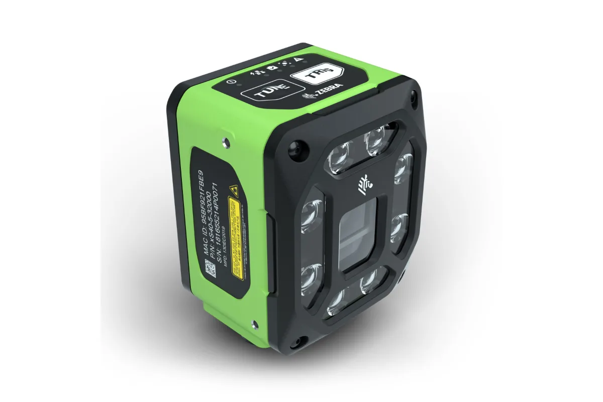 Zebra FS40, a fixed industrial barcode scanner mounted over a conveyor or production line