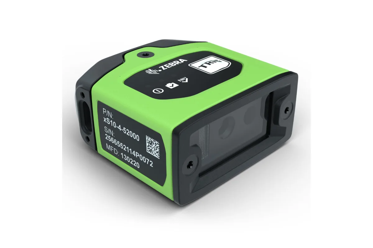 Zebra FS10, a fixed industrial barcode scanner mounted over a conveyor or production line