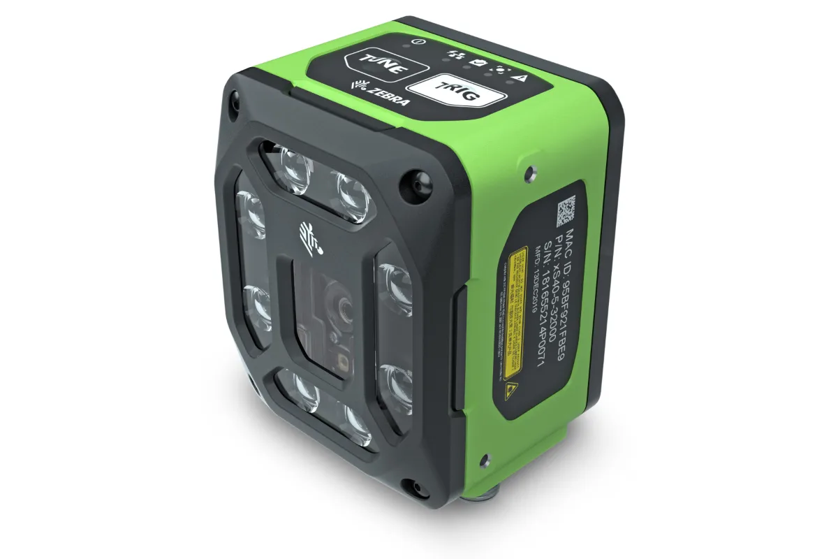 Zebra FS42, a fixed industrial barcode scanner mounted over a conveyor or production line
