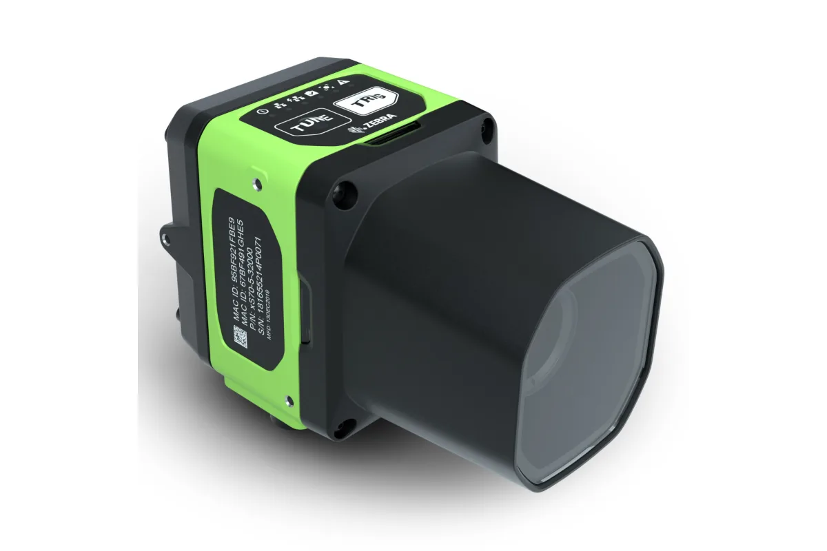 Zebra FS70, a fixed industrial barcode scanner mounted over a conveyor or production line
