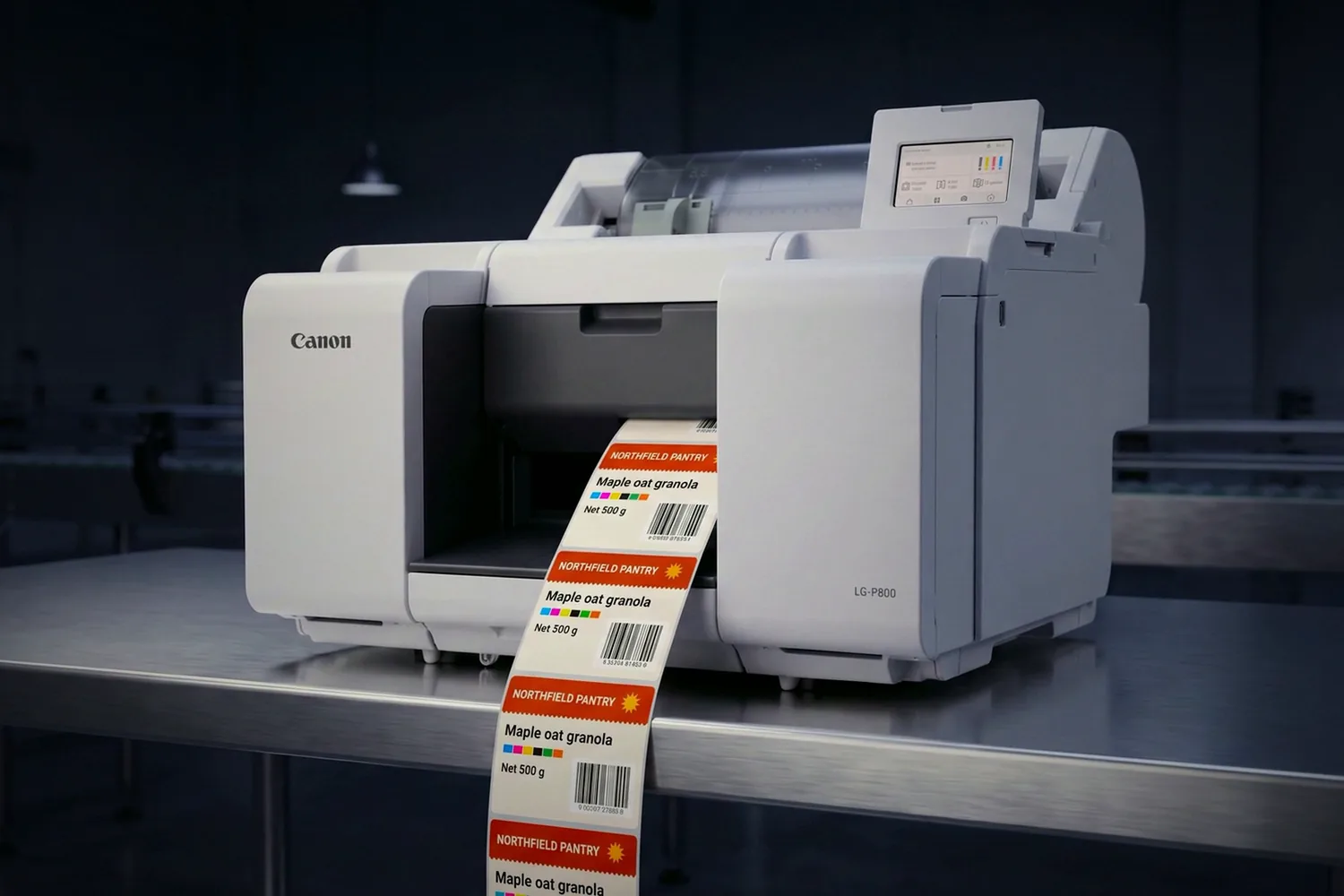 Imprimante d’étiquettes couleur Canon LG-P800 qui fait sortir une bande d’étiquettes produits en couleur au-dessus d’un établi en acier
