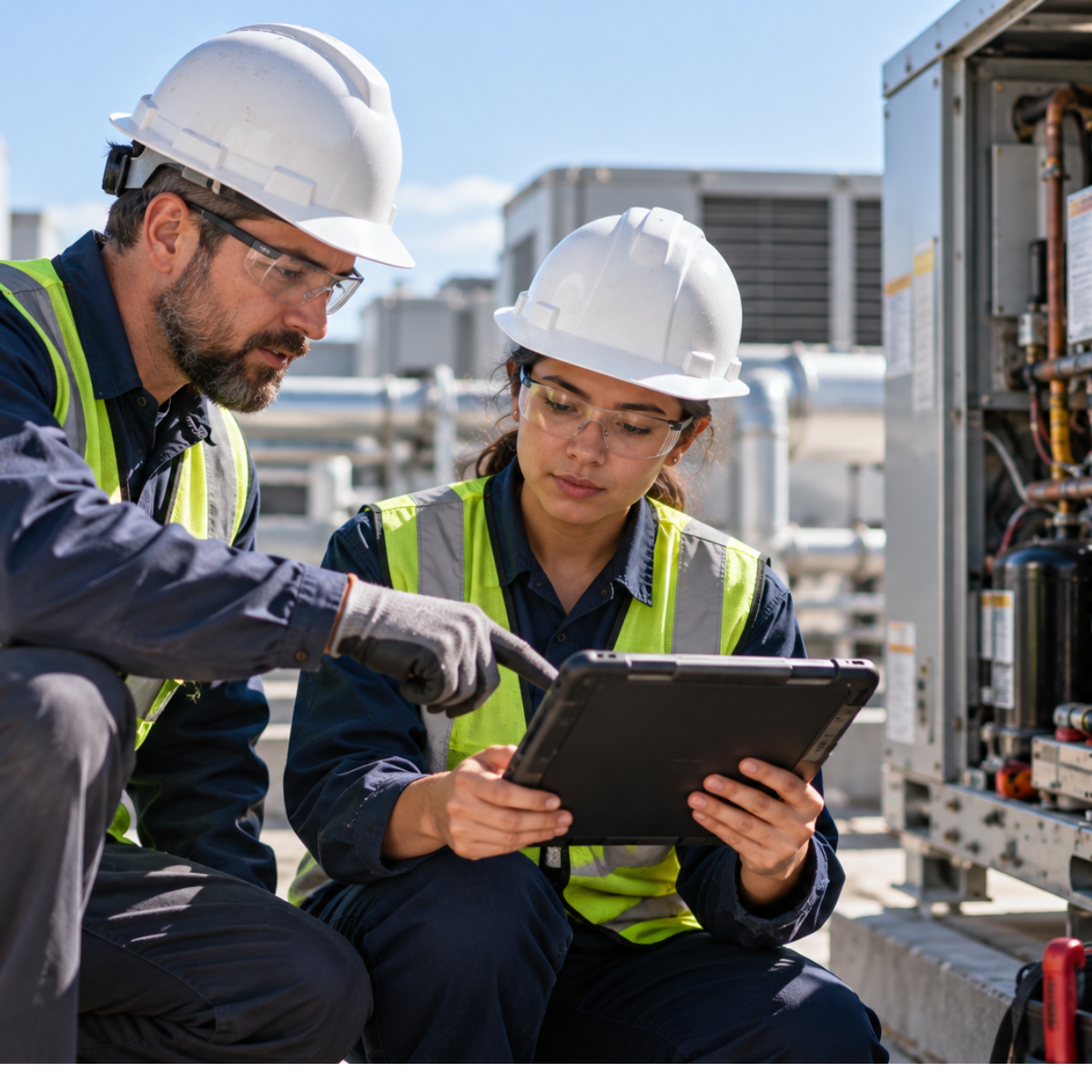 Two field technicians in hard hats reviewing a tablet beside rooftop HVAC equipment