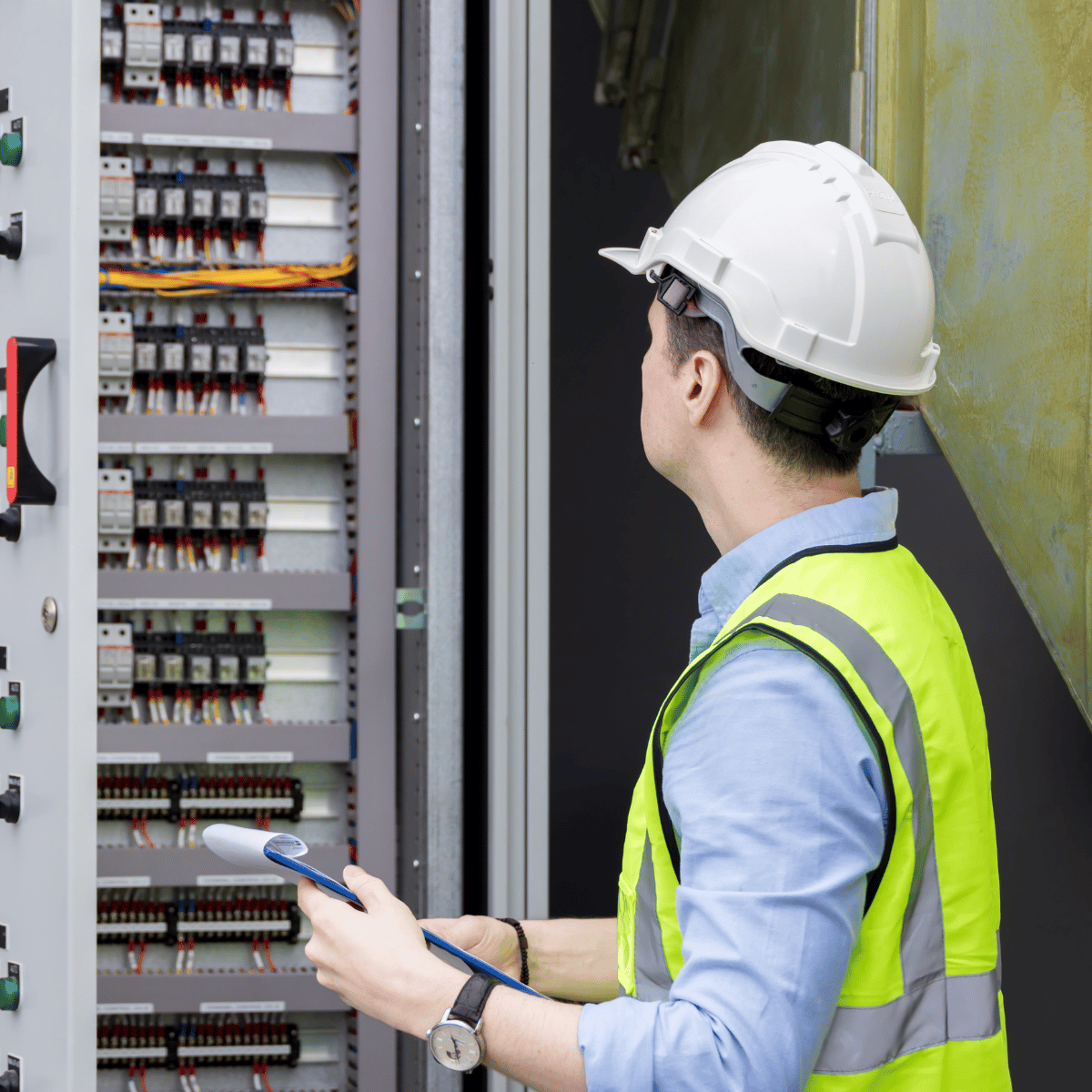 Technician in a hard hat and safety vest inspecting an electrical cabinet