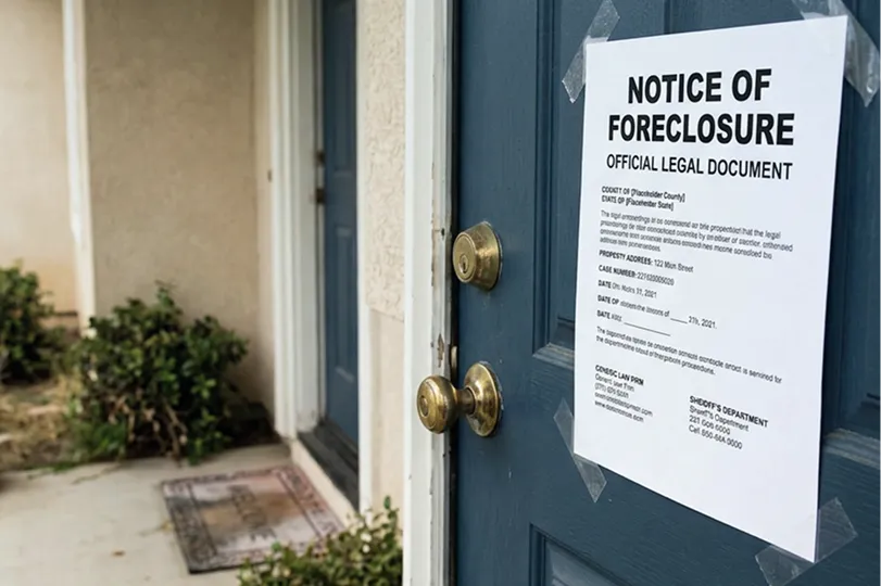 Blue front door with a taped Notice of Foreclosure legal document attached.