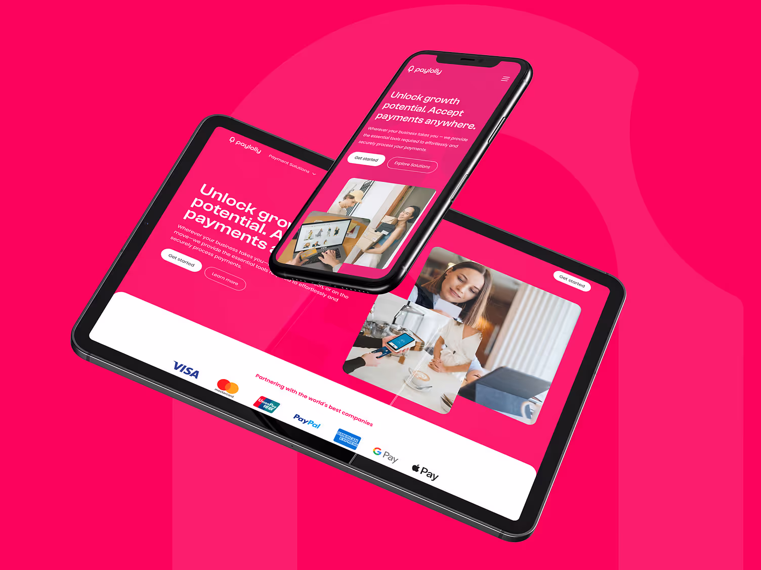 Tablet and smartphone displaying Paylolly payment solutions website with a bright pink background and logos of Visa, Mastercard, PayPal, and Apple Pay.