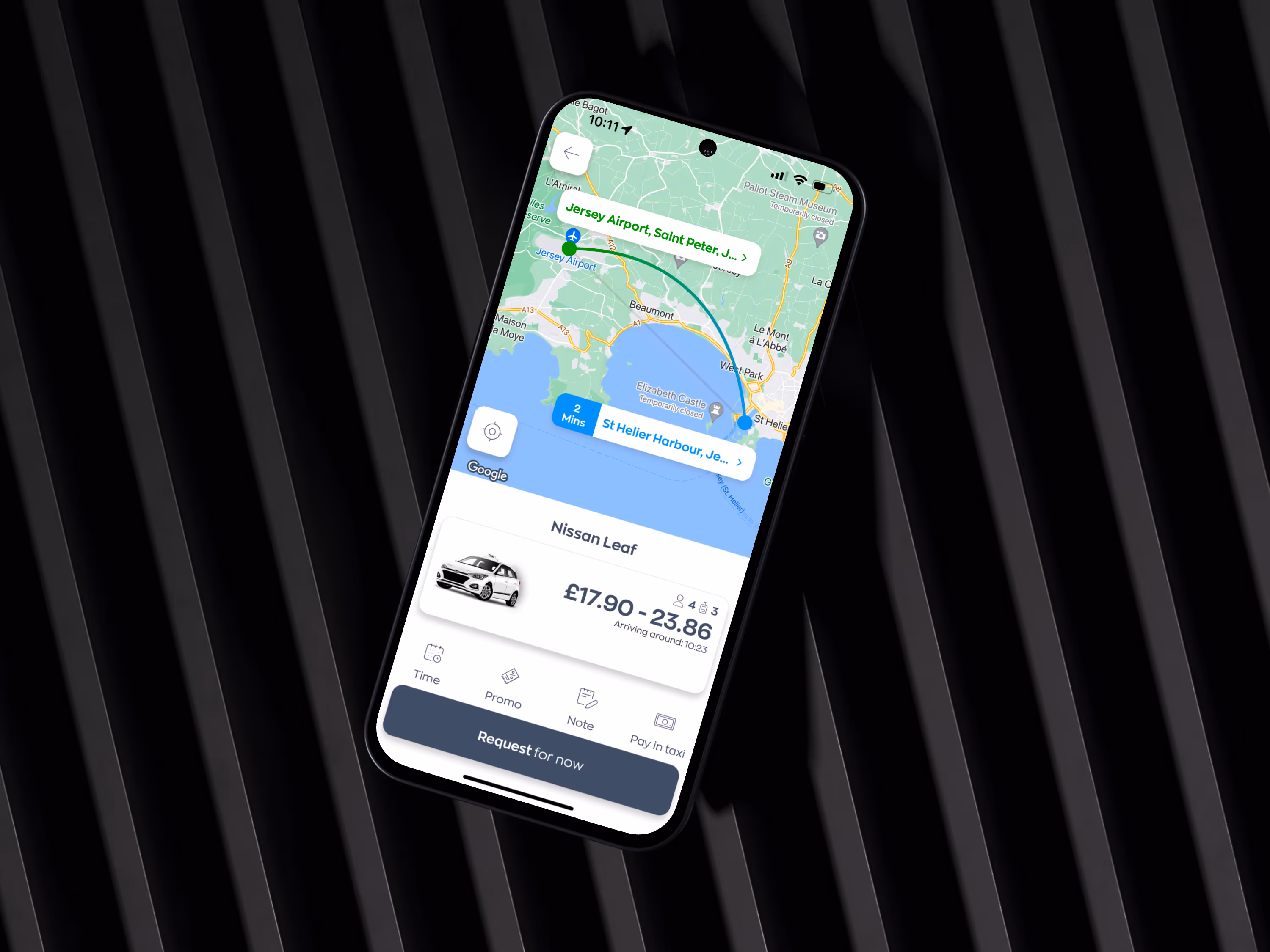 Smartphone displaying a rideshare app with a map showing a route from Jersey Airport to St Helier Harbour, pricing for a Nissan Leaf ranging from £17.90 to £23.86, and options to request a ride.