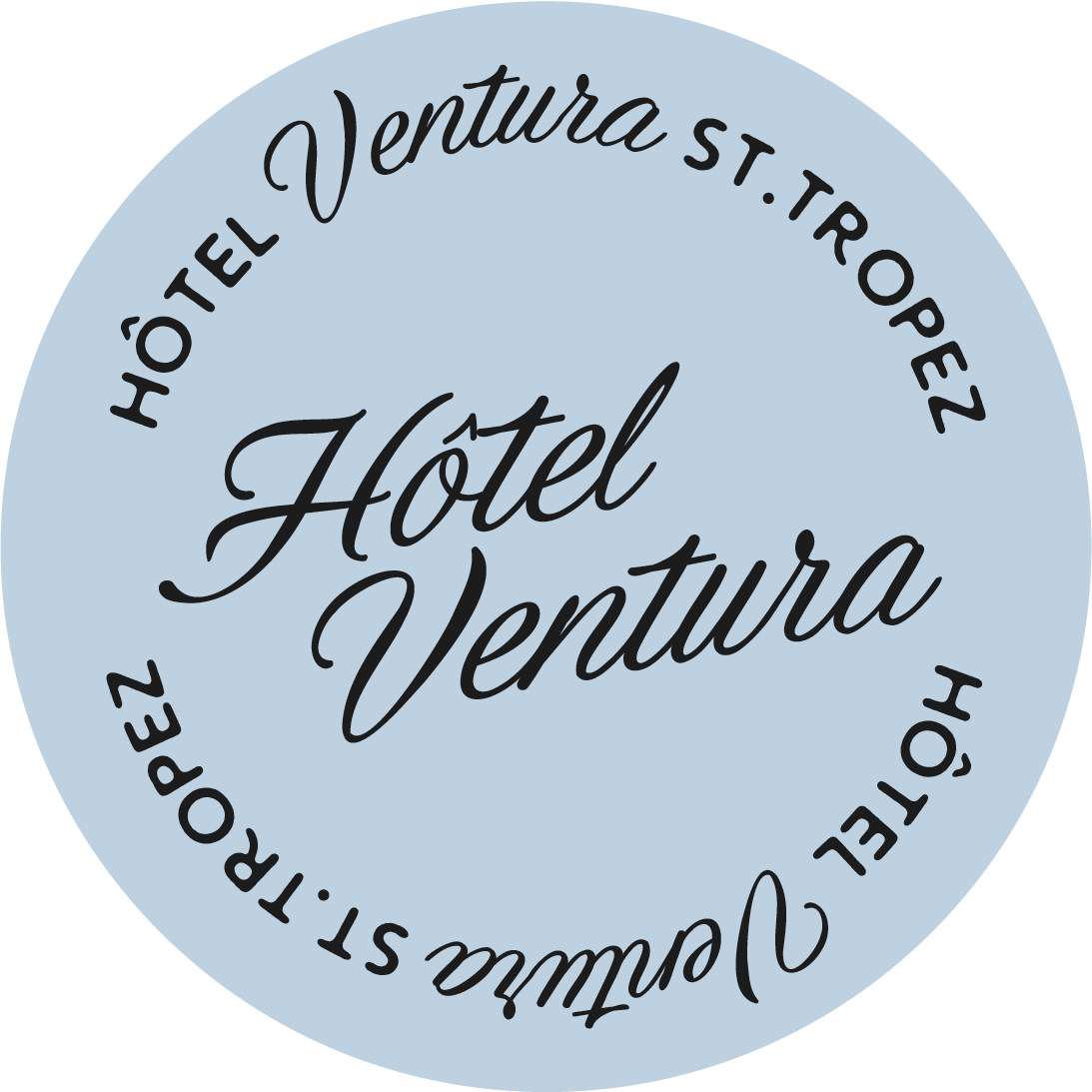 Light blue round badge with the text Hotel Ventura St. Tropez in black