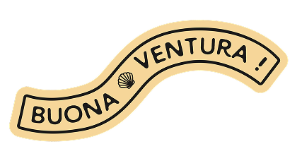 Beige wavy band with 'Buona Ventura' text and a small shell in the center.
