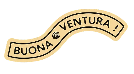 Bande ondulée beige avec texte 'Buona Ventura' et une petite coquille au centre.