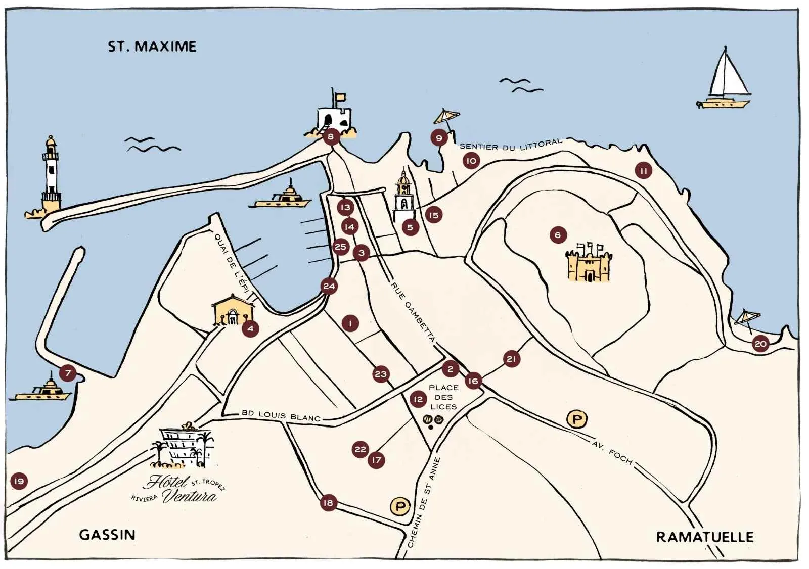 Carte dessinée de Saint-Tropez avec rues principales, points numérotés et illustrations de bateaux et châteaux.