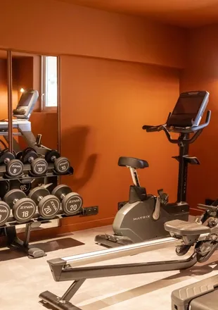 Hotel fitness room with a dumbbell rack, exercise bikes, and a rowing machine against a terracotta wall and mirror.