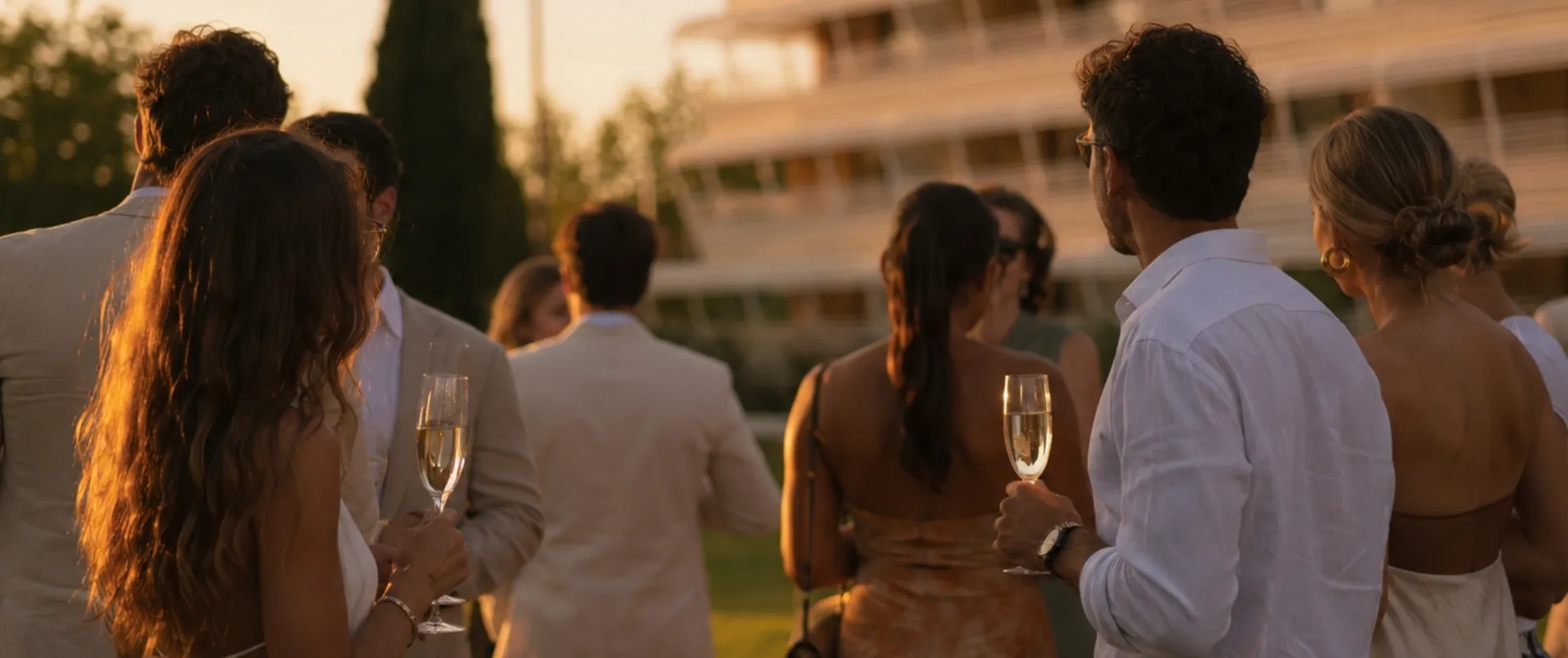 A group of elegantly dressed people holding champagne flutes at an outdoor reception at sunset in front of a hotel