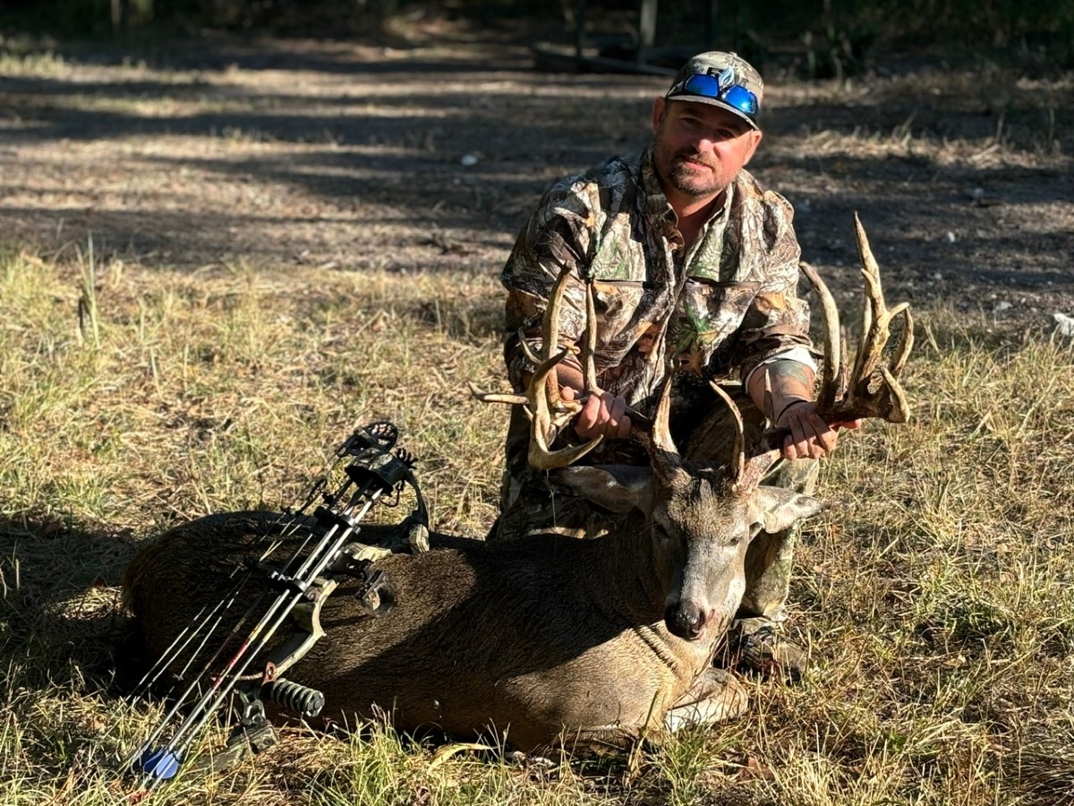Man in camouflage clothing kneeling on grass holding the antlers of a large deer with a bow placed on the deer's body.