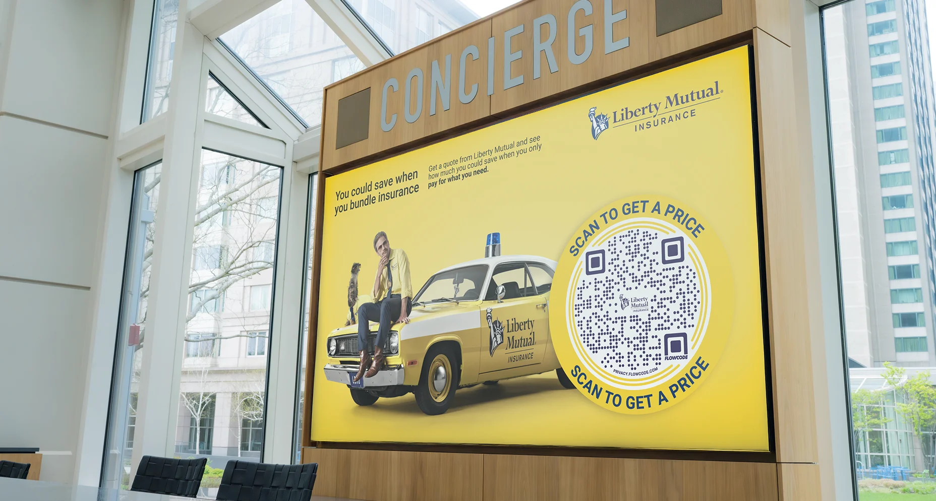 Liberty Mutual insurance ad with a man and meerkat on a yellow vintage police car and a large Flowcode for pricing.